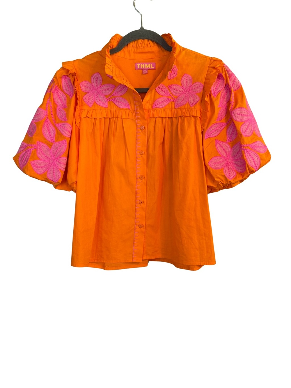 THML Orange Button-Front Puff Sleeve Top with Pink Floral Appliqué